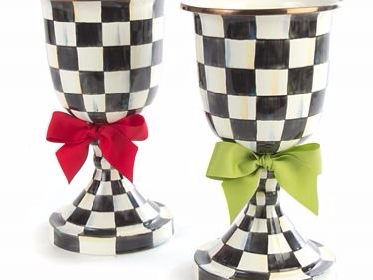 Courtly Check Enamel Pedestal Vase - Green Bow