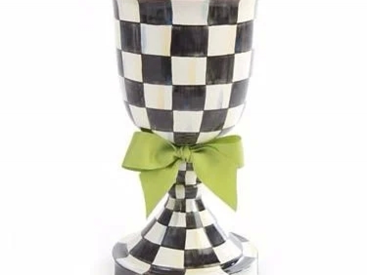 Courtly Check Enamel Pedestal Vase - Green Bow