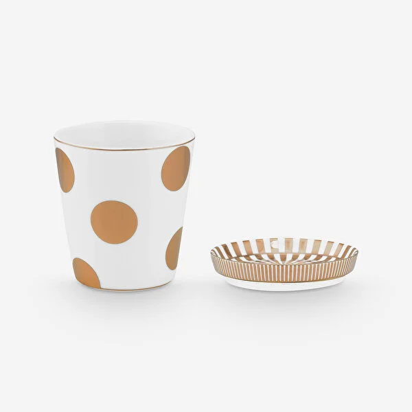 Dot Delight  Altın / Beyaz Kulpsuz  Mug & Çay Tabağı Seti 230 ml 