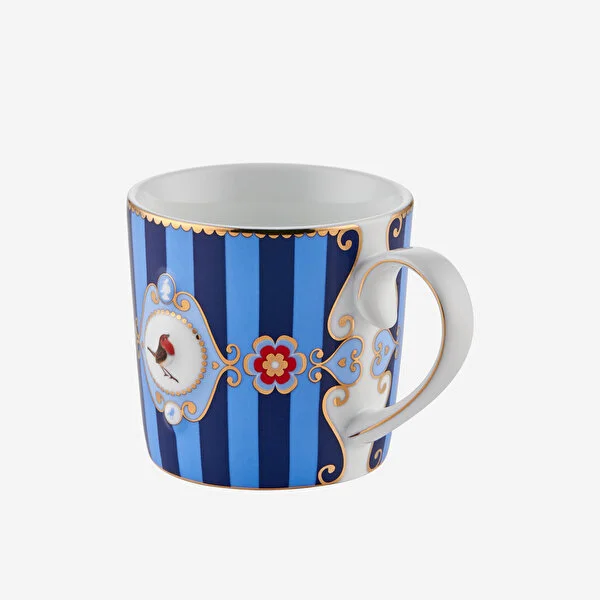 Love Birds Mavi Çizgili Madalyon Desenli Küçük Mug