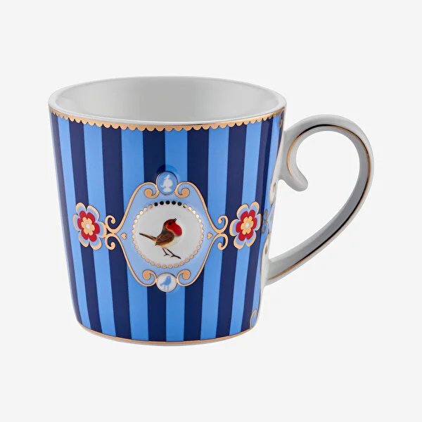 Love Birds Mavi Çizgili Madalyon Desenli Mug 250 m